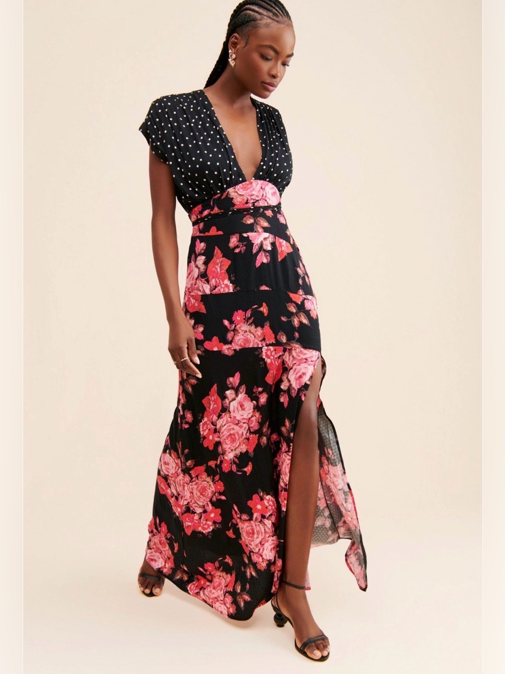 Free People NWOT New Juniper black pink floral polka dot maxi dress S small